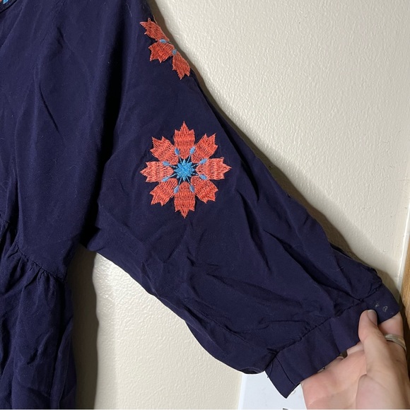 Umgee Embroidered Deep Blue Tunic Shift Dress S Floral 3/4 Sleeve Tassels - Picture 3 of 12